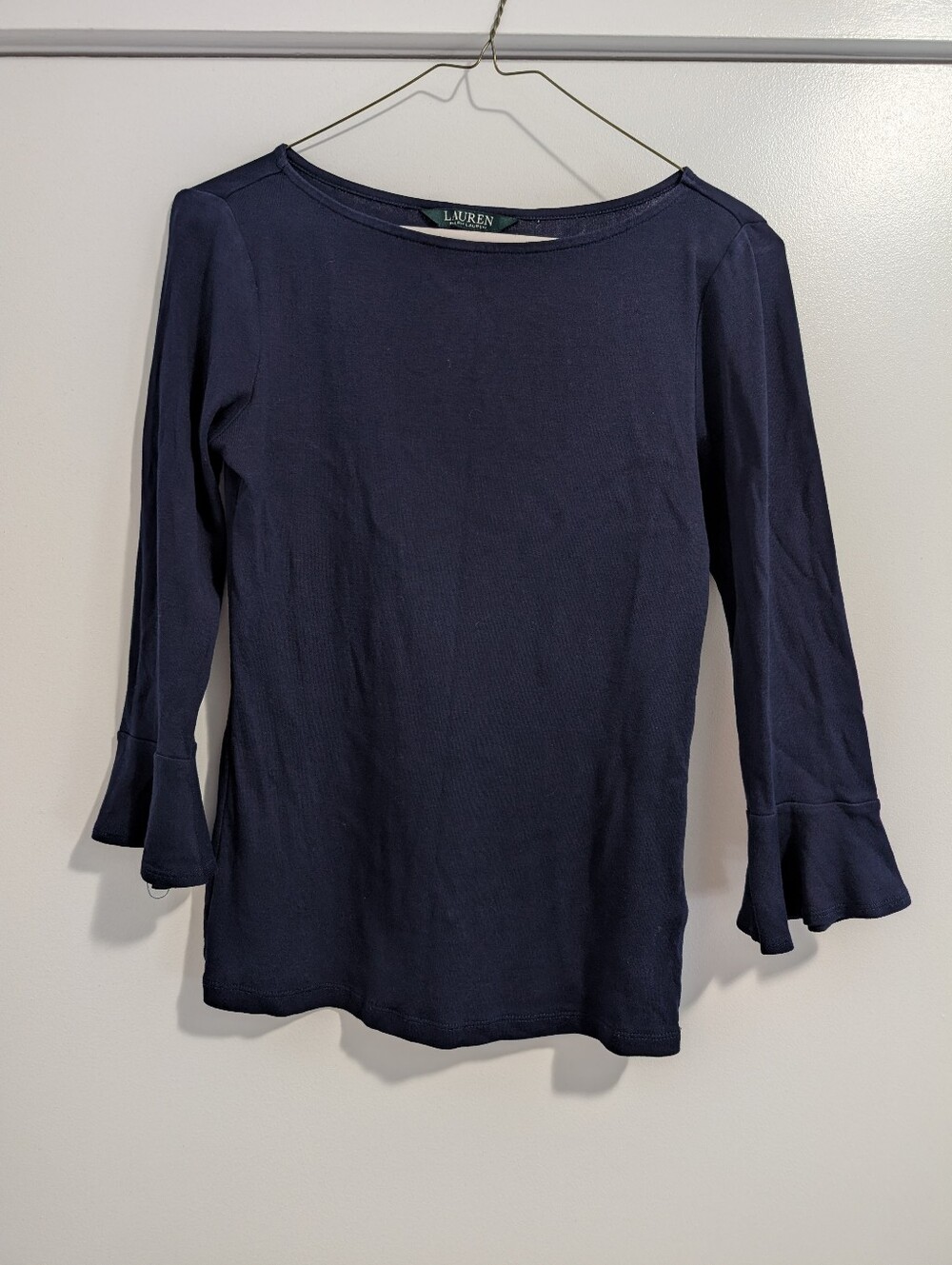 Lauren Ralph Lauren 100% Cotton Navy Long-Sleeve Top with Flared Cuffs